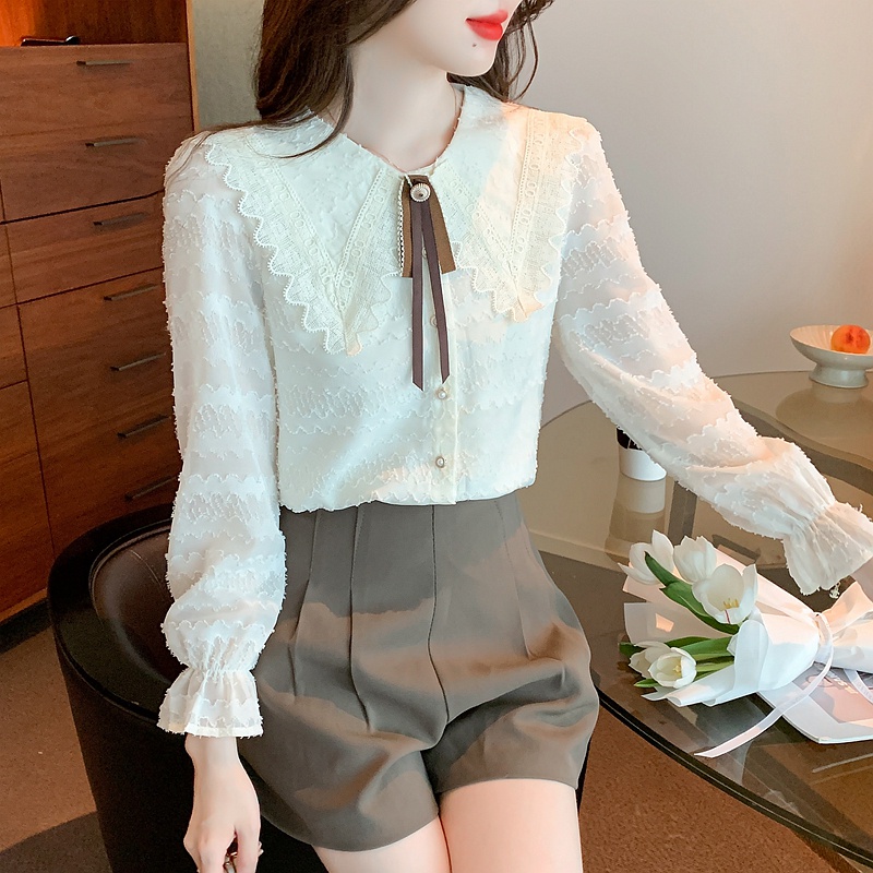 Áo Ren Cổ Búp Bê Tay Dài Phong Cách Phương Tây Thanh Lịch Dành Cho Nữ * * * &