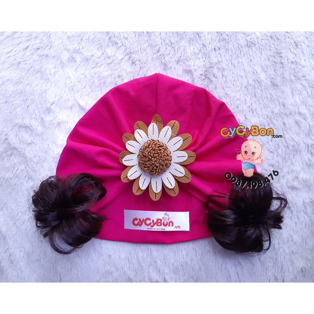 Mũ Nón Turban Tóc Giả Cho Bé Gái Thun Cotton Co Giãn  Đính Bông Cúc Nâu Trắng - Có Đủ Size