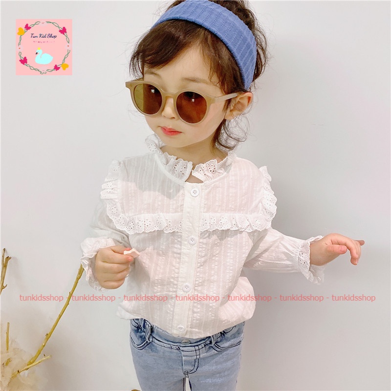 Áo sơ mi bé gái màu trắng chất liệu cotton thoáng mát,dáng dài tay phối viền cổ xinh xắn
