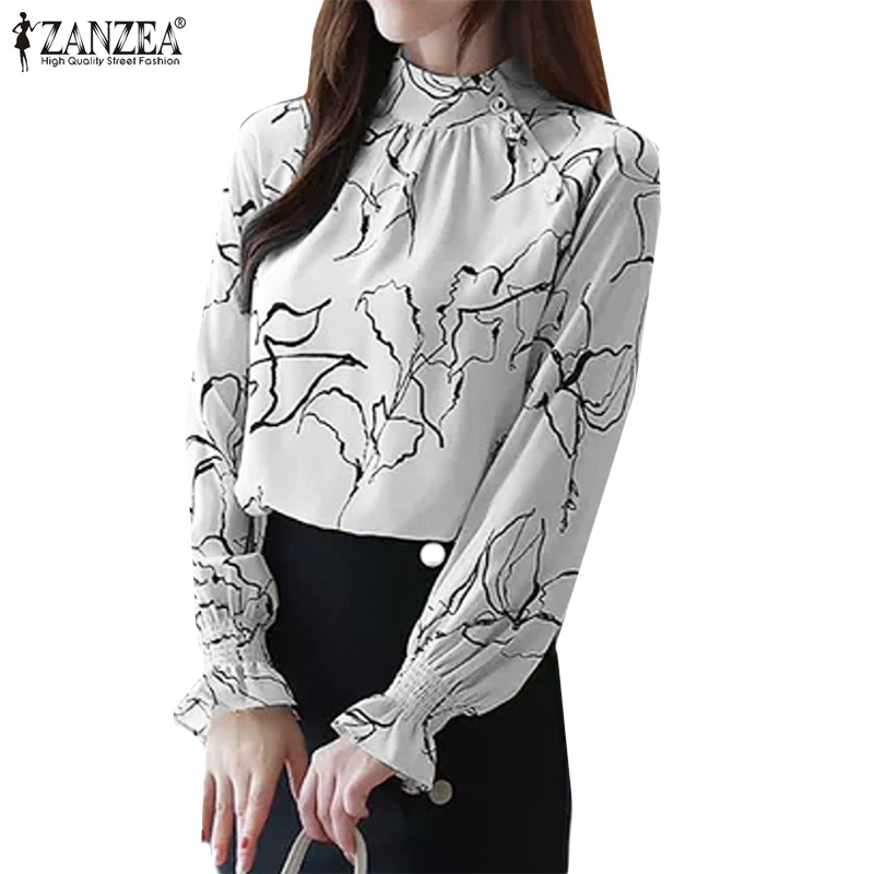 Áo kiểu ZANZEA tay dài phồng in họa tiết phong cách Hàn Quốc dành cho nữ