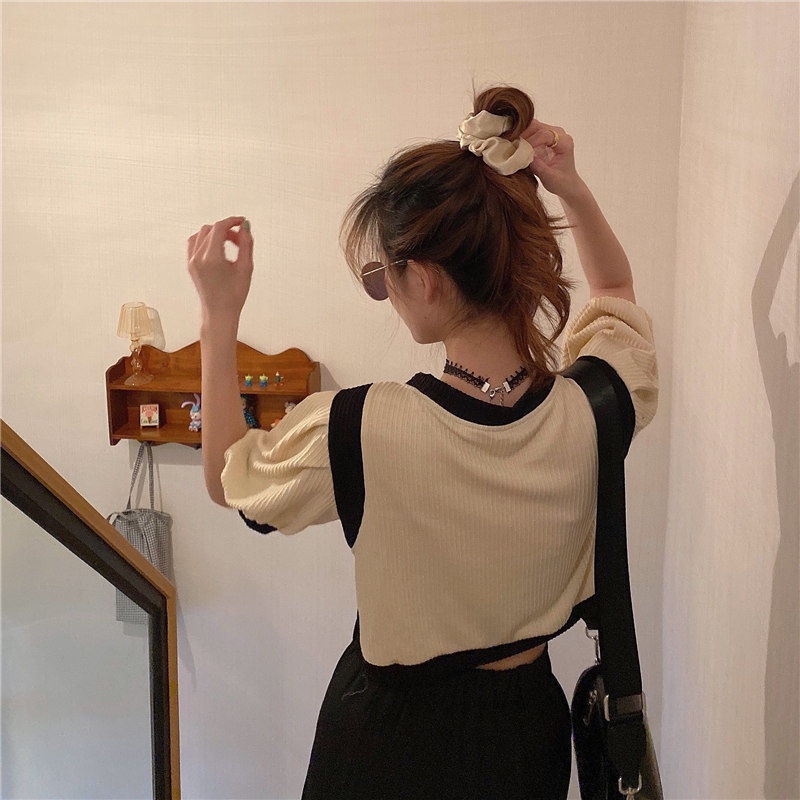 Áo Thun Dệt Kim Mỏng Tay Ngắn Cổ Chữ V Phối Màu Sắc Tương Phản Thời Trang Mùa Hè Cho Nữ