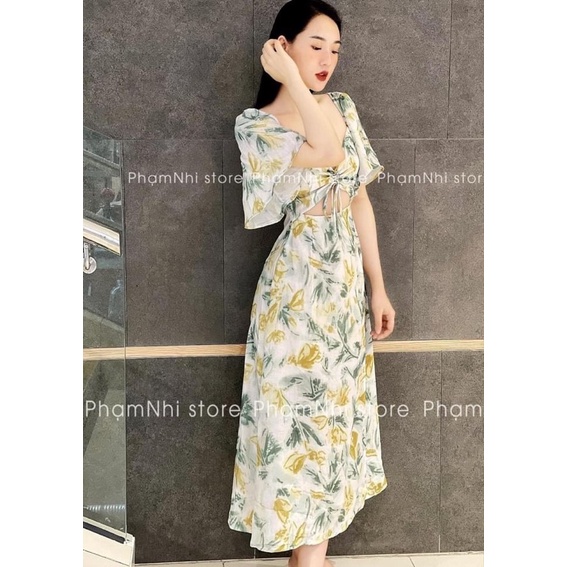 HÌNH THẬT - Đầm hoa đan dây ngực khoét eo tay tiên