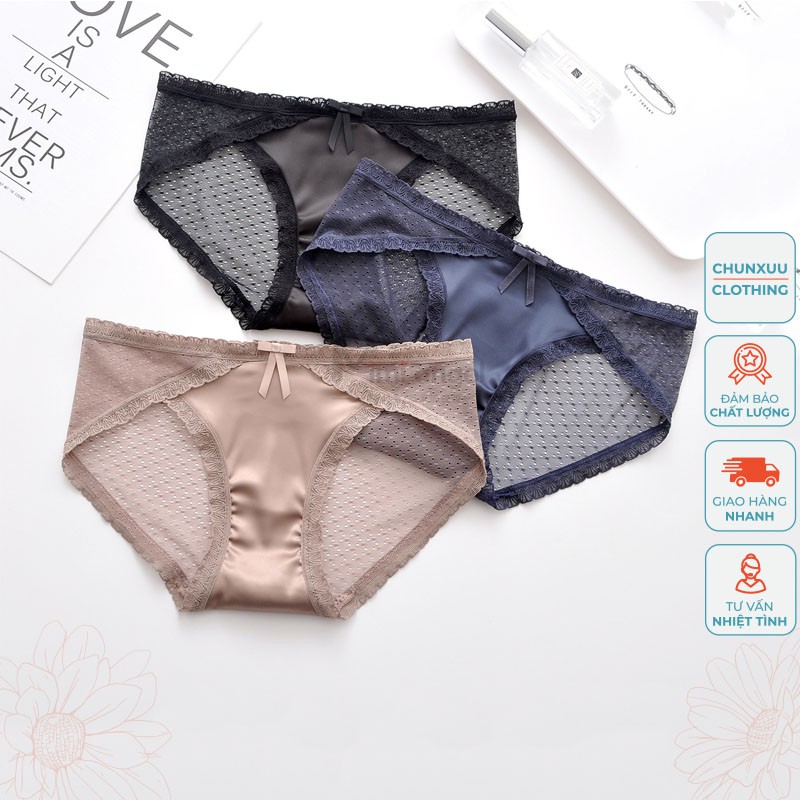 Quần lót ren lưới đính nơ vạt chéo Chunxuu, chất liệu Cotton kháng khuẩn cao cấp - QC05