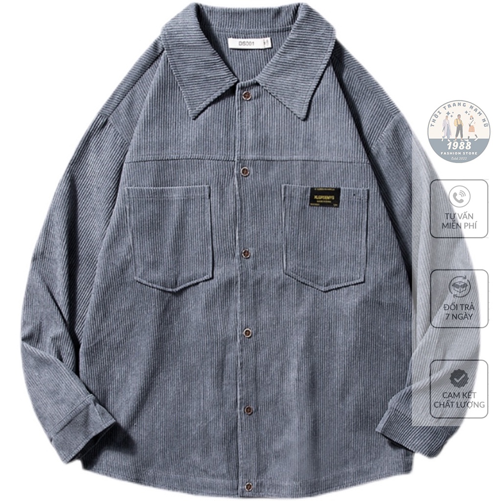Áo Sơ Mi Nhung Tăm Nam, Áo Sơ Ni Dáng Rộng 2 Túi Ngực Thêu Logo Nam Nữ