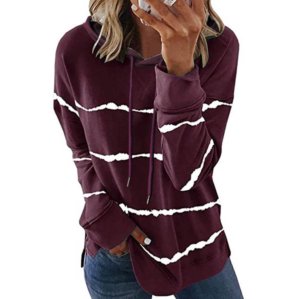READY☆FOBE√Women Stripe Printed Loose Casual Hoodies Hooded Sweatshirt Sweetwear Tops