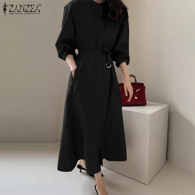 Đầm dài ZANZEA màu trơn cổ phối thắt lưng phong cách cổ điển cho nữ