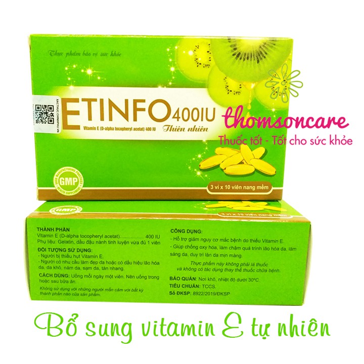 Viên uống Vitamin E 400 IU - bổ sung vitamin E tự nhiên, giúp đẹp da, ngăn ngừa lão hóa - Etinfo Hộp 30 viên