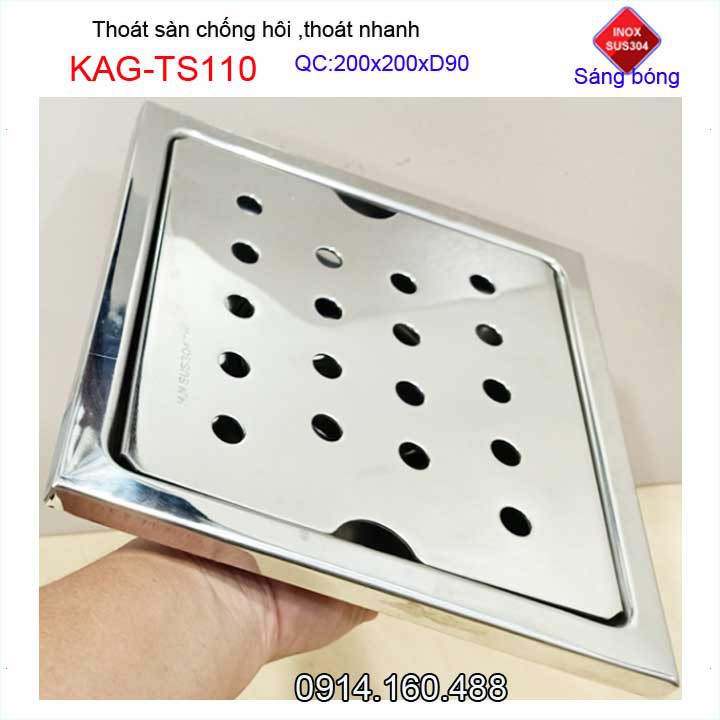 Hố ga thoát sàn Inox Kace ống 9cm KAG-TS110 Inox 304, phễu thoát nước chống hôi 20x20cm ống D90mm