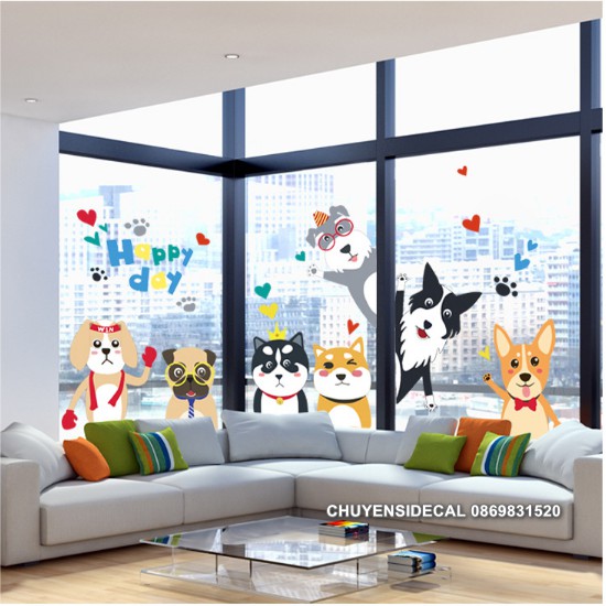 Decal trang trí tường - Bày Chó HAPPY DAY