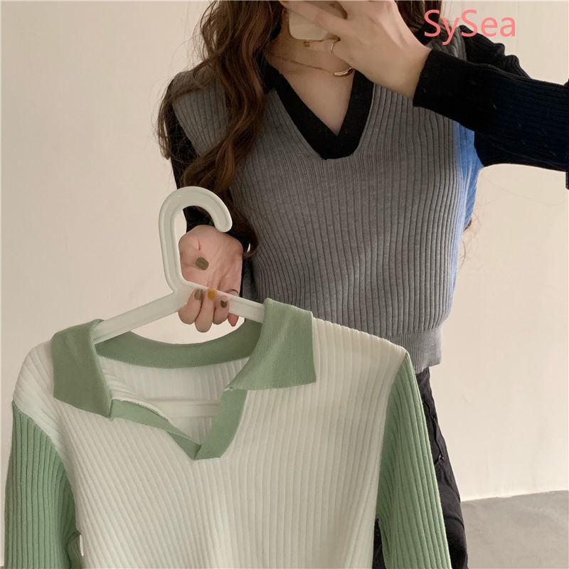 Áo sweater dài tay màu tương phản phong cách mùa thu Hàn Quốc cho nữ