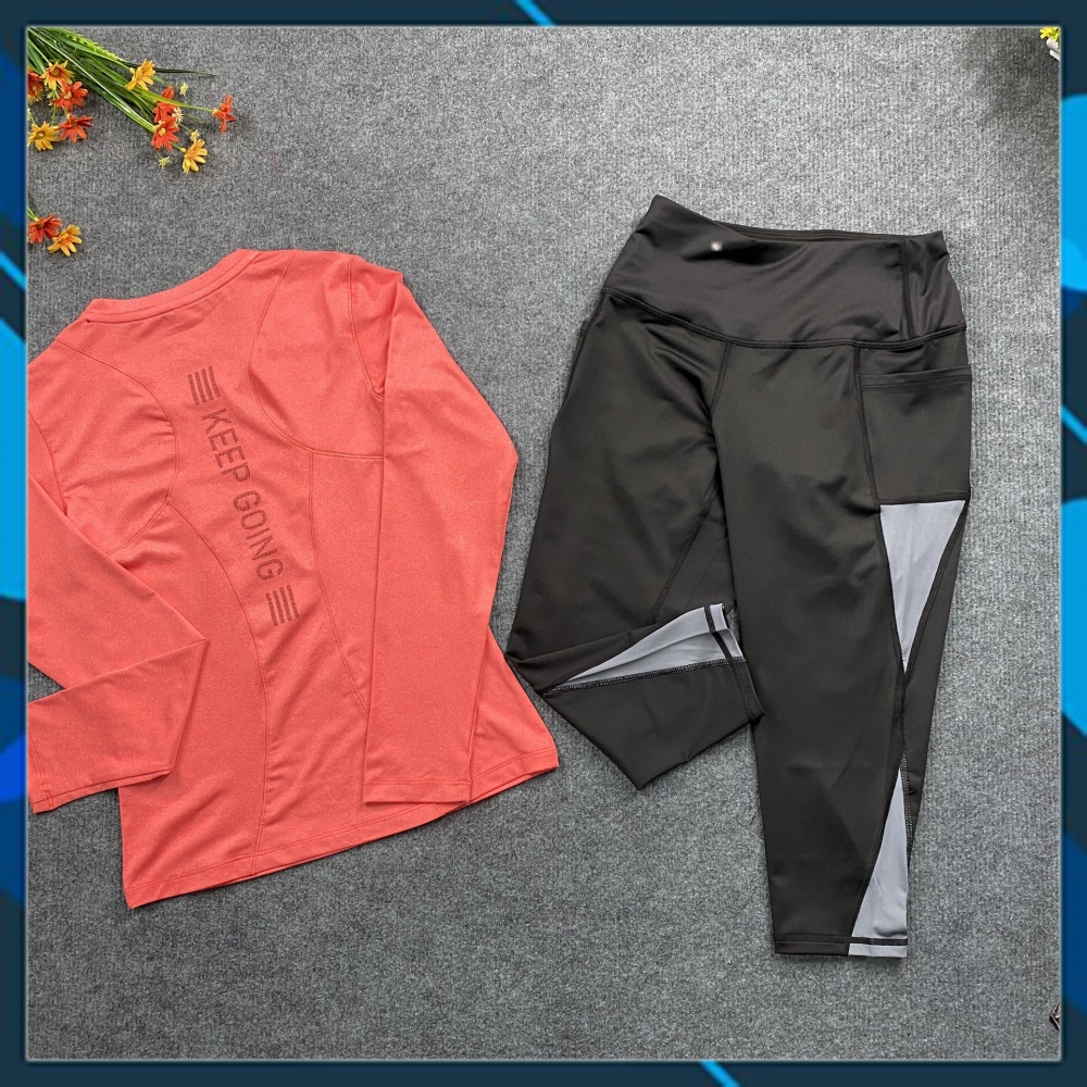 sét bộ quần lửng + áo tay dài keep going chất thun lạnh co giãn tập thể thao gym-yoga
