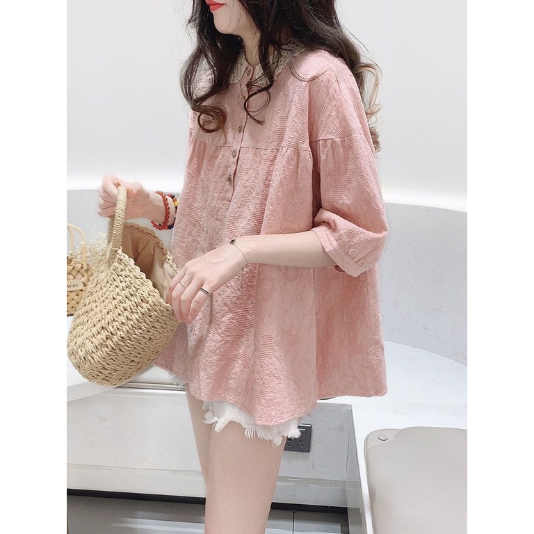 Áo Kiểu Cổ Búp Bê Phối Ren Dáng Rộng Thêu Họa Tiết Kiểu Hàn Quốc Xinh Xắn