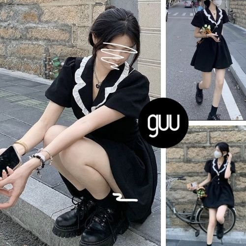 Váy dự tiệc Babydoll kiểu dáng tiểu thư GUU cổ bèo cúc ngọc tay lỡ tay bồng kiểu dáng Ulzzang