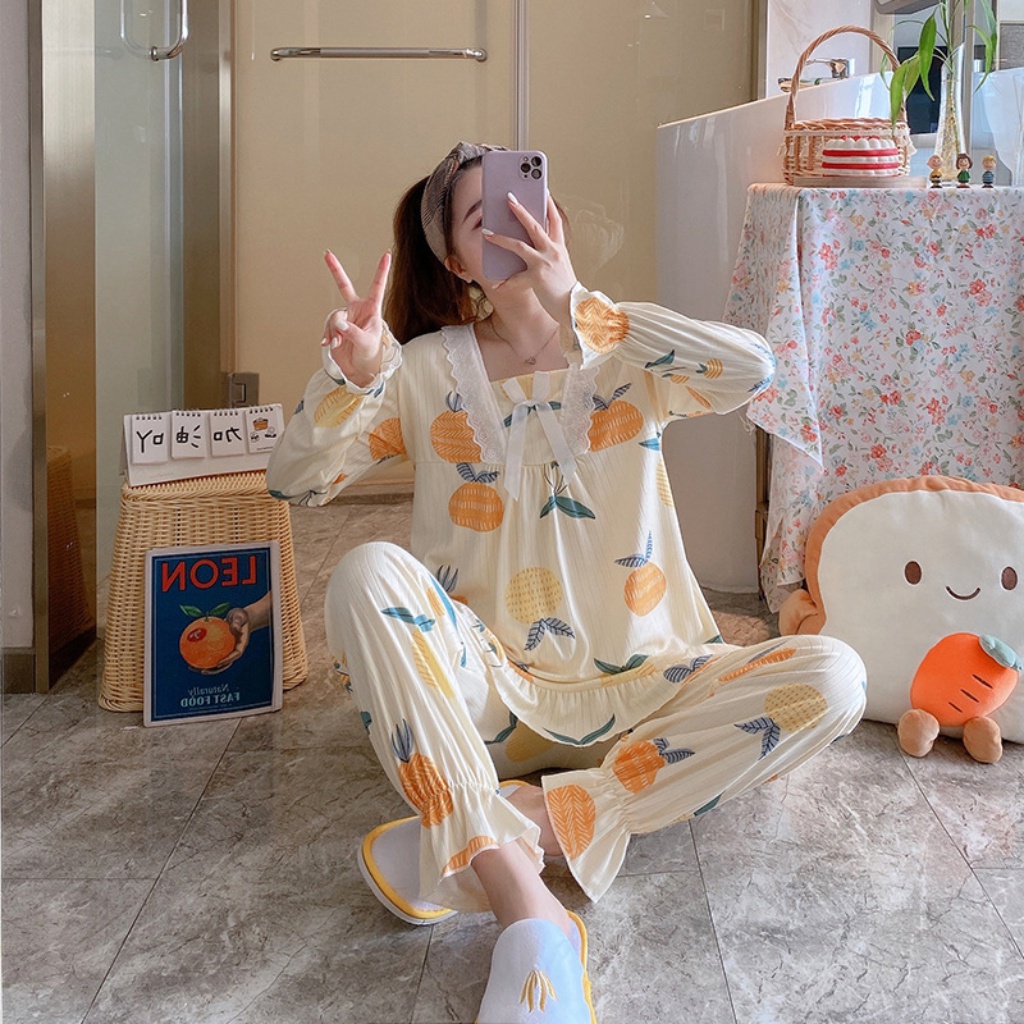 Đồ ngủ - Bộ ngủ - Đồ bộ cao cấp Tiệm nhà Bokk cotton dài tay kiểu babydoll  cổ ren tay bo chun hình quả cam đáng yêu | BigBuy360 - bigbuy360.vn