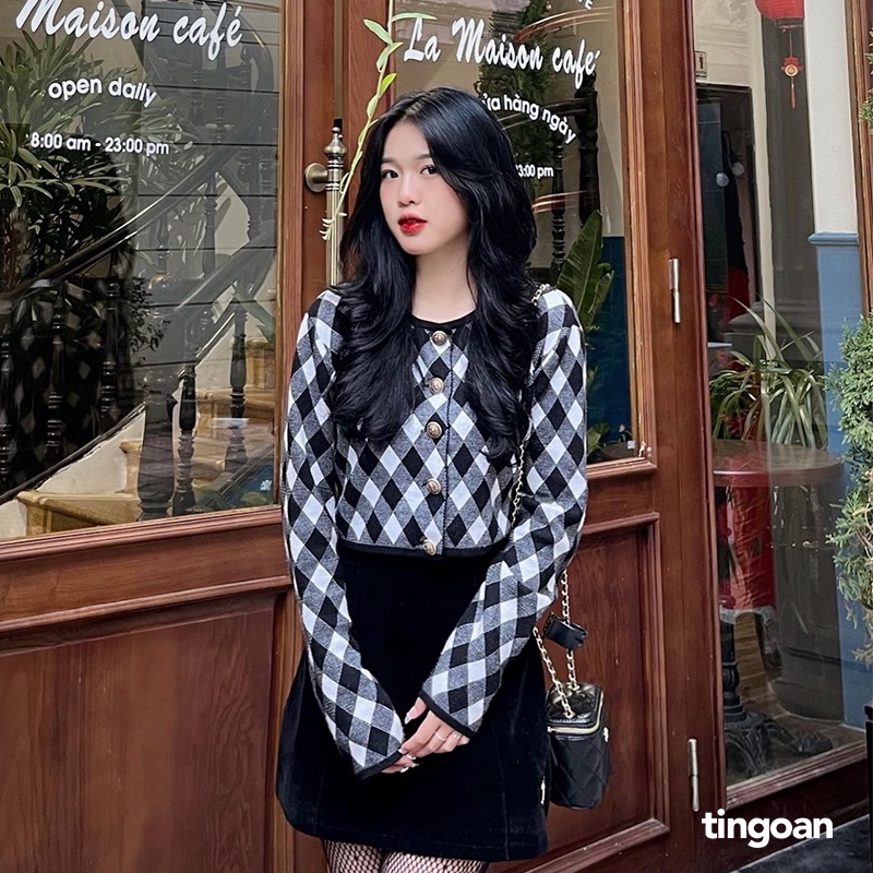 TINGOAN® - Áo cardigan len xù crop kẻ quả trám tặng kèm quây đen tingoan LOVE YOU BACK CARDIGAN