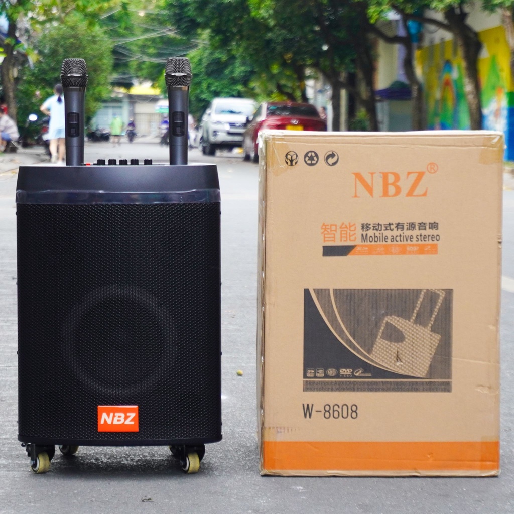 Loa kéo di động NBZ W-8608 3 đường tiếng bass 2 tấc - Tặng kèm 2 micro không dây - Công suất 150W - Loa