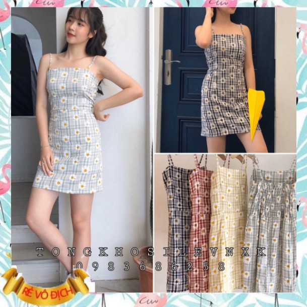 (mới) VÁY 2 DÂY KẺ CARO DAISY KHÓA KÉO CHUN SAU QUẢNG CHÂU - VÁY CHỮ A SỌC HOA CÚC HOT
