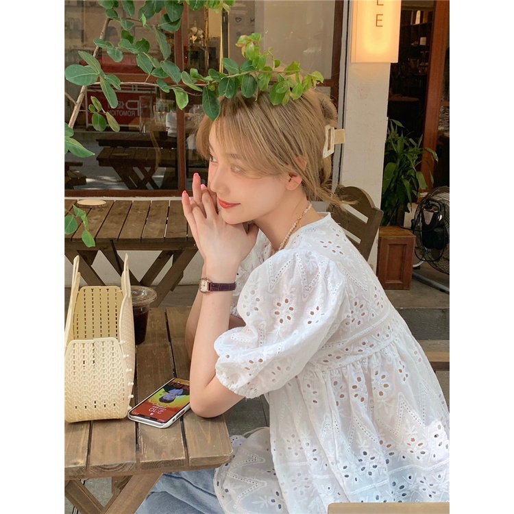 Áo Sơ Mi Trắng Tay Ngắn Phồng Dáng Rộng Phối Ren Thời Trang Mùa Hè Pháp Thanh Lịch