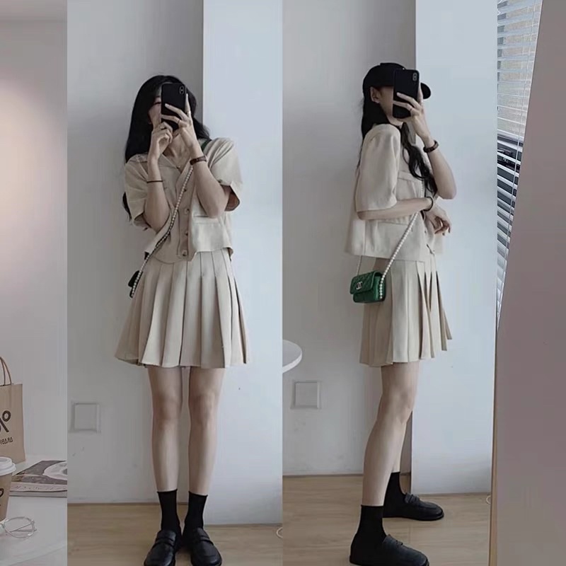 [ẢNH THẬT+VIDEO] Set Áo Vest Croptop  Và Chân Váy Xếp Ly Miniskirt Dành Cho Chị Em Công Sở Lười Nghĩ Hôm Nay Mặc Gì