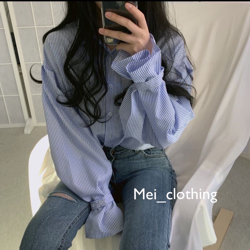 [Ảnh thâtk/video] Áo sơmi kẻ sọc Ulzzang phối Tay Xoè cách điệu có thể điều chỉnh