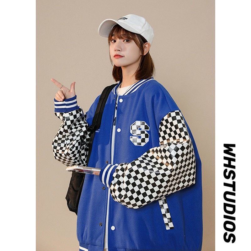 Áo Khoác Bomber Unisex Logo In Chữ S Phối Tay Caro Vải Dù 2 Lớp Phong Cách Ulzzang Học Sinh Cá Tính Hot Trend Mới