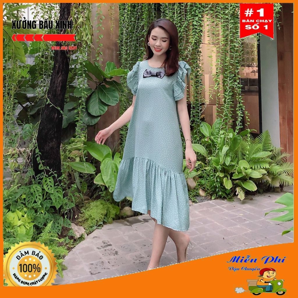Váy bầu thời trang thiết kế nơ ngực sát lách M143 chất lụa hàn châu freesize từ 45 đến 70kg