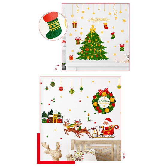 Decal dán tường Noel - Noel cưỡi tuần lộc đi phát quà bên cây thông xanh