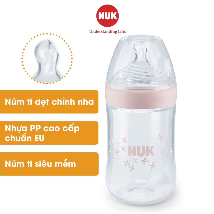 Bình sữa NUK Nature Sense nhựa PP cao cấp chuẩn EU núm ti silicone chỉnh nha 260ml S1-M