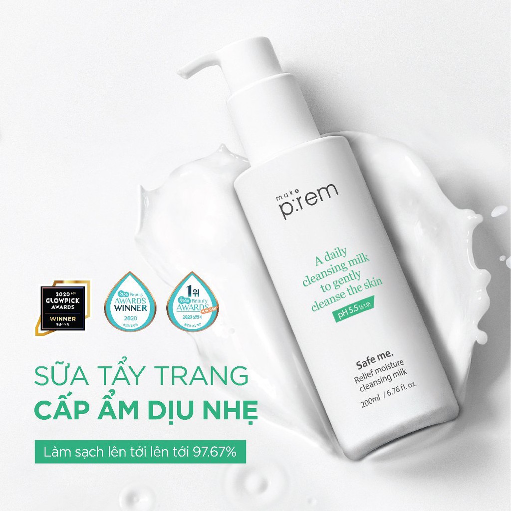 Tẩy trang dạng sữa Make P:rem Safe me. Relief moisture cleansing milk 21ml