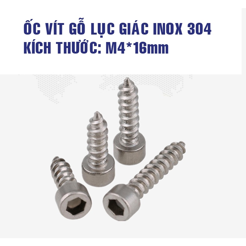 50 CON ỐC VÍT GỖ lục giác INOX 304 M4*16mm chống gỉ, siêu bền phù hợp vít củ loa, vít thùng loa, mạch loa kéo...