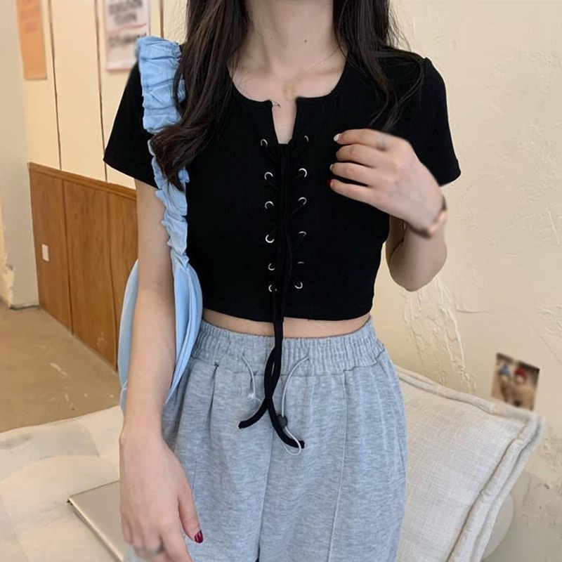 Áo Thun Croptop Dệt Kim Tay Ngắn Màu Sắc Đơn Giản Phong Cách Hàn Quốc Cho Nữ