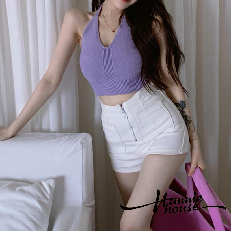 Áo Croptop Dệt Kim Cổ Chữ V Màu Sắc Thời Trang Cho Nữ