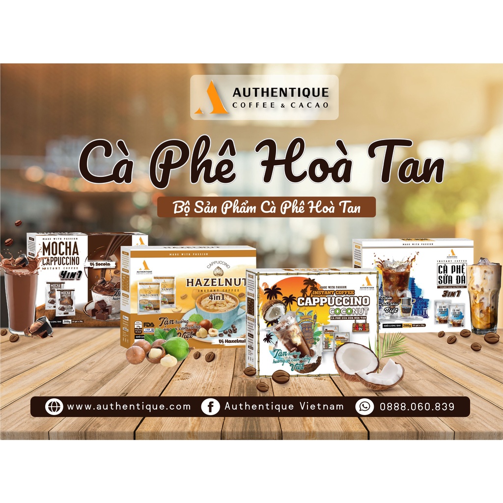 Cà phê pha sẵn hòa tan vị sữa dừa 4in1 (20G x 10Gói) - Cappuccino Coconut | Authentique Instant Coffee