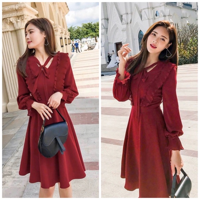 Đầm đỏ tay dài phối dập li (kèm hình thật)