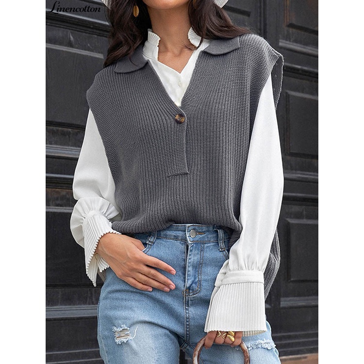 Áo cardigan dệt kim cổ chữ V không tay màu xám đậm bằng cotton lanh cho nữ | BigBuy360 - bigbuy360.vn