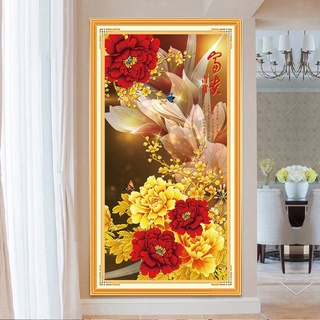 Tranh thêu chữ thập- thêu kín hoa mẫu đơn 50x90cm