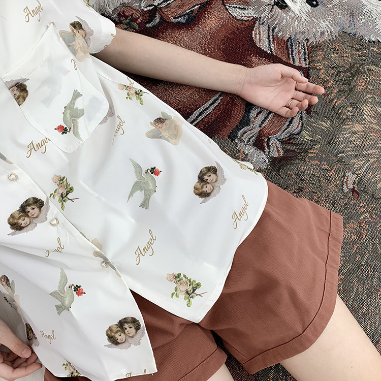 Áo sơ mi BH tay ngắn cổ chữ V in hình thiên thần phong cách retro Nhật Bản cao cấp