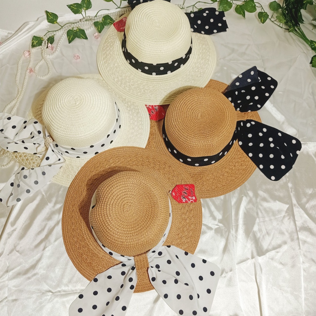 Nón cói,mũ cói nữ đi biển vành nhỏ nơ chấm bi xoè to tiểu thư xinh đẹp, hình shop chụp thật