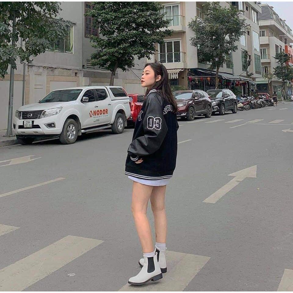 Áo bomber NY bóng chày tay da lộn unisex, áo khoác bóng chày Mophus MB002