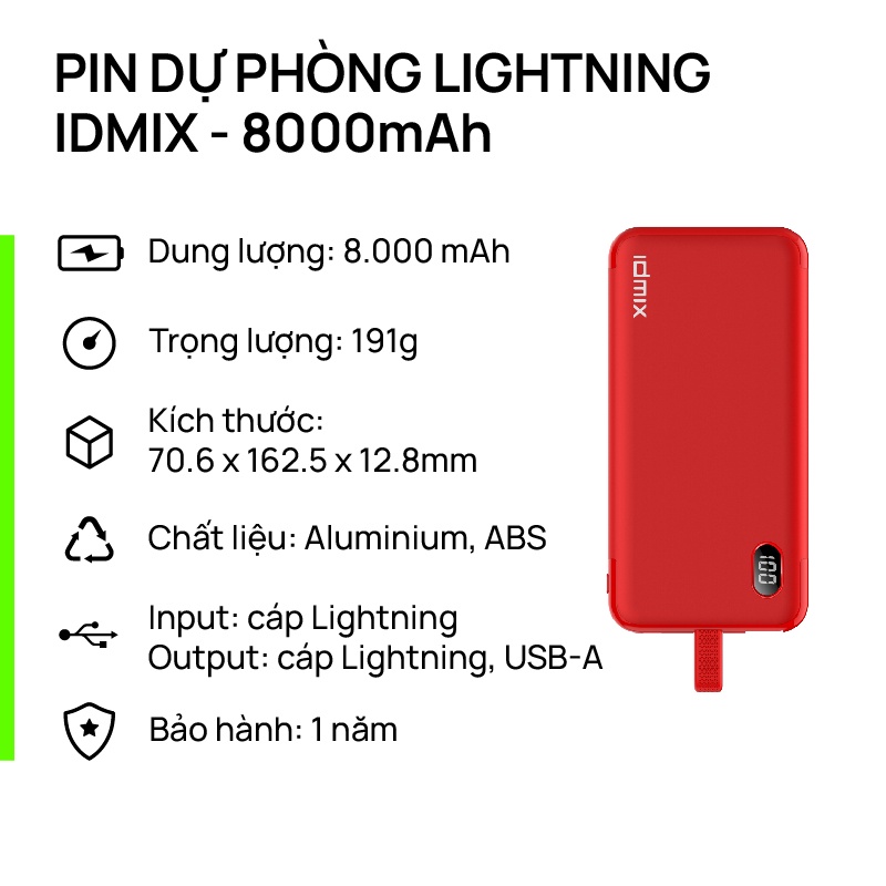 Pin sạc dự phòng Lightning IDMIX thiết kế gọn nhẹ, thời trang, bộ tản nhiệt pin, 2 cổng tích hợp, hỗ trợ sạc nhanh