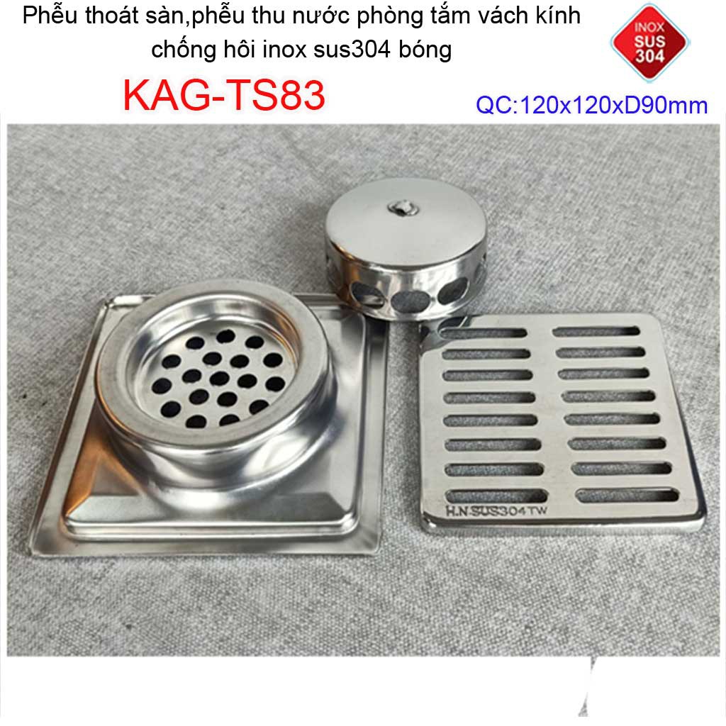 Phễu thoát sàn chống mùi hôi inox 304, ga thoát sàn inox Kace  bóng hình sọc 10x10cm, 12x12cm, 15x15cm