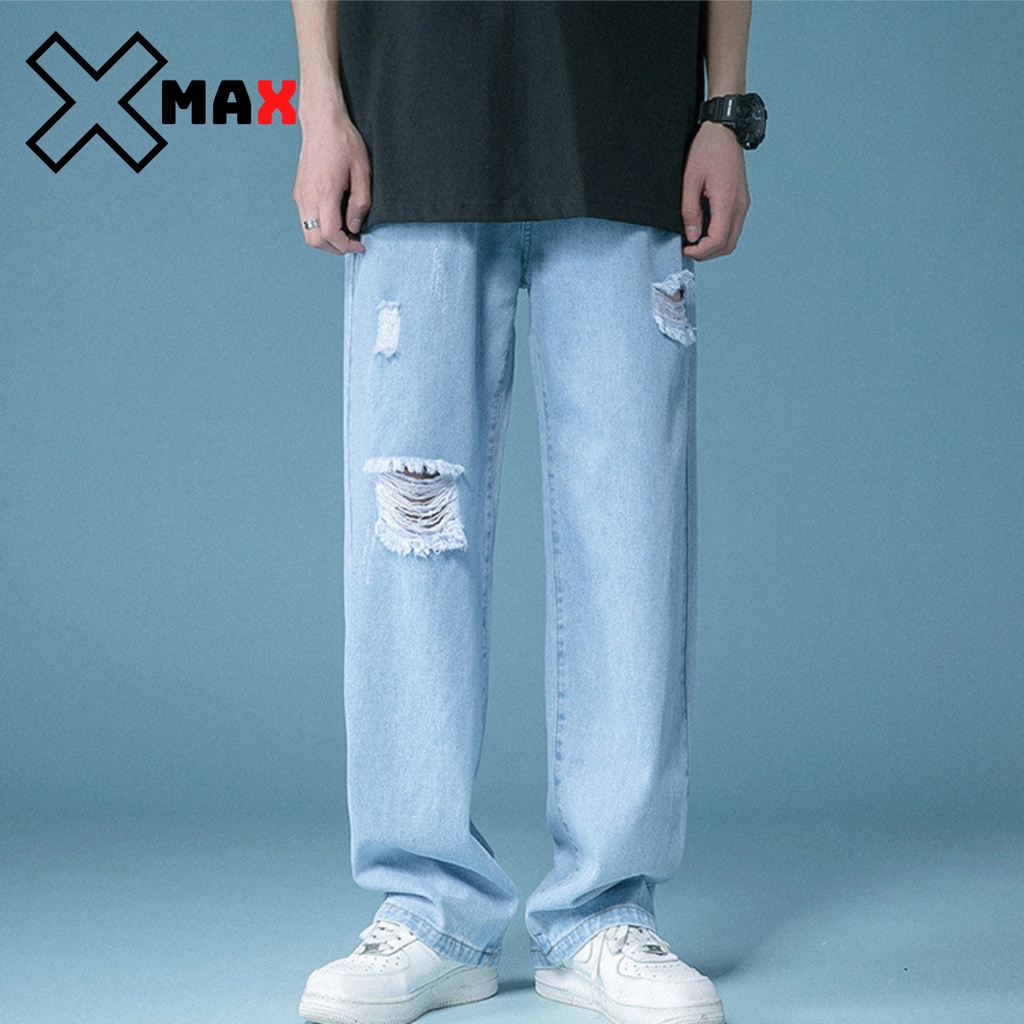 Quần jean nam baggy rách gối ống rộng dáng suông đẹp chất liệu vải bò cao cấp trơn hottrend XMAX B003 | BigBuy360 - bigbuy360.vn