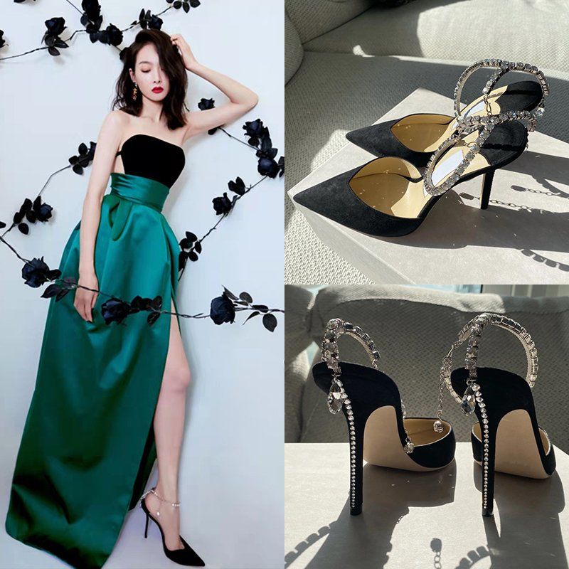 Giày Cao Gót Mũi Nhọn Đính Đá Thời Trang Xuân Hè Pháp Size 35-40 Màu Đen Sang Trọng Cho Nữ