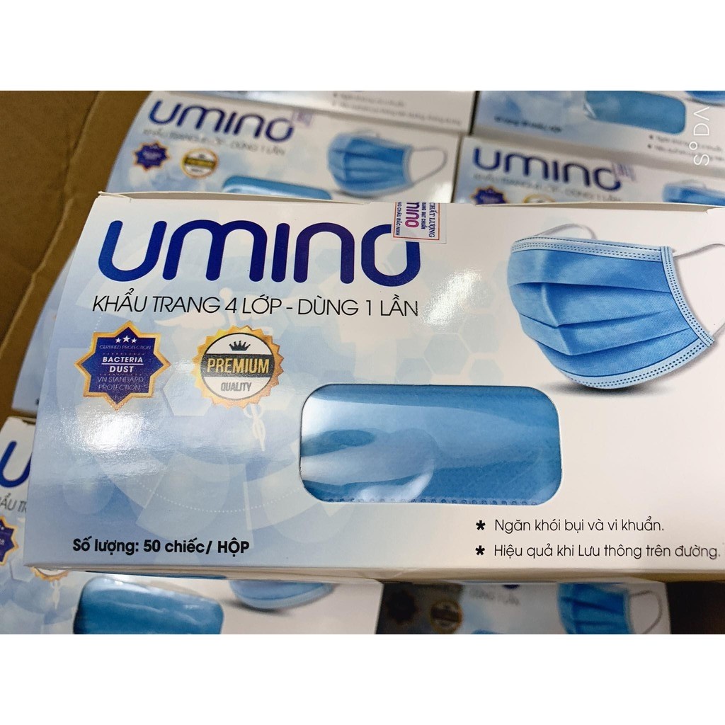 Khẩu trang y tế 4 lớp UMINO chính hãng, chống giọt bắn, khói bụi, hộp 50 cái có logo, giấy tờ đầy đủ