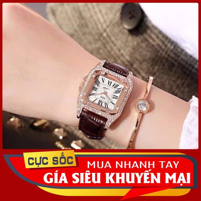 [ Sale Off ] đồng hồ nữ dây da thời trang DZG mặt vuông đính đá thời trang format