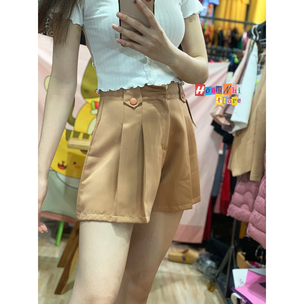 Quần Đùi Nữ Cạp Cao Xếp Ly Ống Rộng Dây Kéo, Quần Short Nữ Lưng Cao