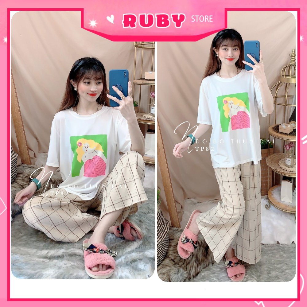 Đồ bộ ống rộng phối sọc kẻ cho nữ chất vải mềm mát lưng thun co giãn in họa tiết hoạt hình dễ thương TP82