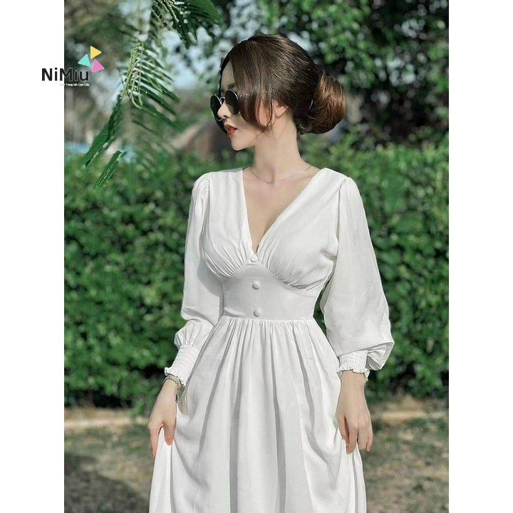 Đầm Nữ Thời Trang Mặc Đi Chơi, Đầm Lụa Tay Phồng Dài Xếp Ly Cổ Chữ V Có Mút 3 Màu Dễ Thương