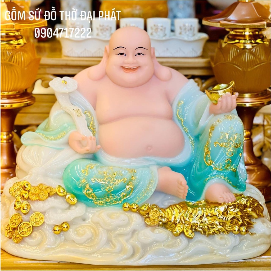 Tôn Tượng Di Lạc đá cao cấp, Tượng phật Dilac ngang 48cm màu xanh ngọc