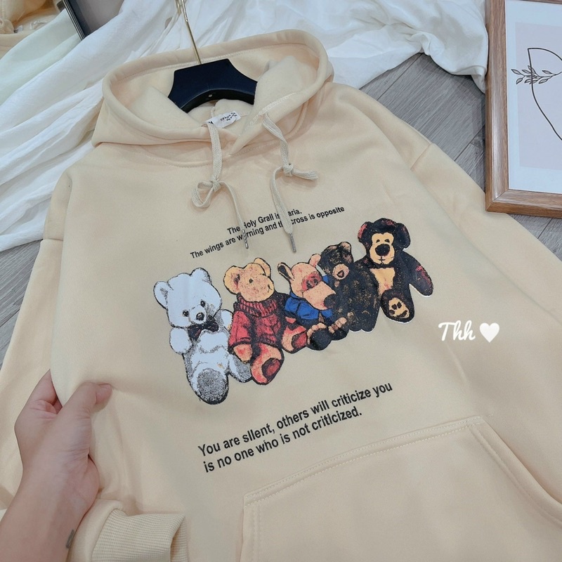 Áo nỉ hoodie mũ zara xuất dư họa tiết gấu cho nữ kiểu form rộng phong cách, vintage, thời trang, cá tính